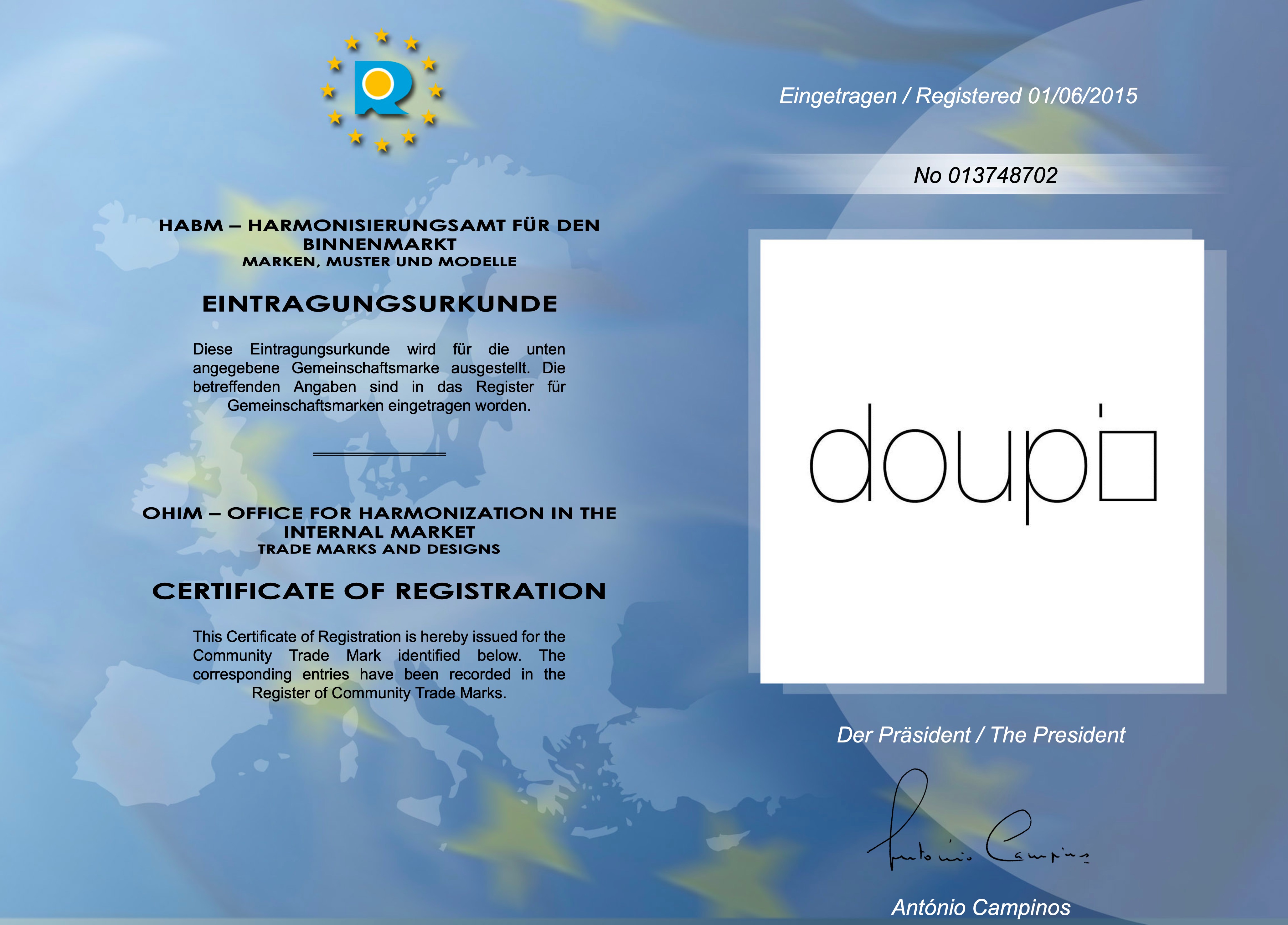 EU-Markenregistrierung doupi - Klicken Sie hier um die offizielle Registrierung bei EUIPO einzusehen